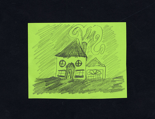pencil drawing of a house with smoking chimney,a attached garage, and shaded ground.